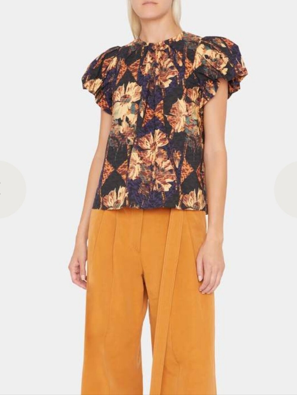 Ulla Johnson Iren Top Floral Puff-Sleeve Black Cream Brown 100% Cotton Blouse
